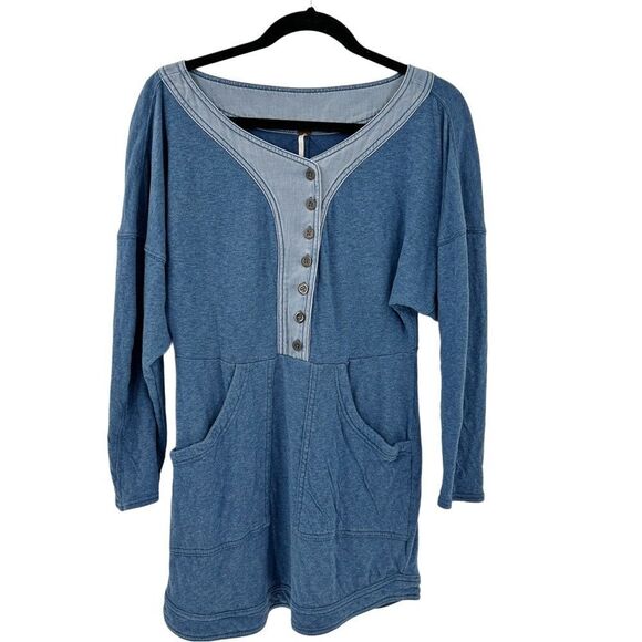Free People Seeking Heart Mini Dress Soft Ocean Blue Button Up Dress Size Small - Picture 9 of 16